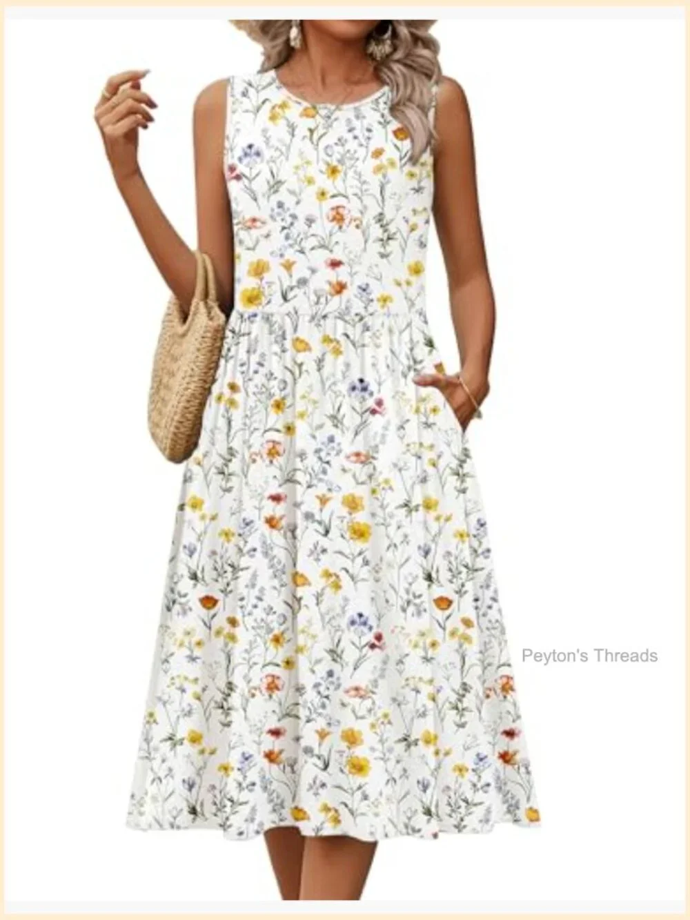 Sleeveless Tank Midi Dress with Pockets A-Line Flowy Sundress - Picture 2 of 7